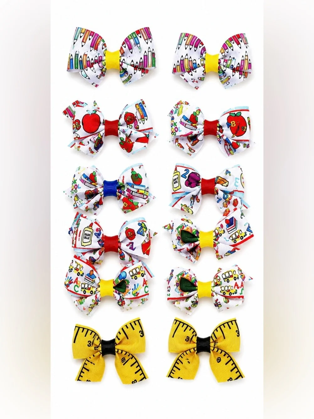 School-Themed Kids Hair Bows Set - White & Yellow